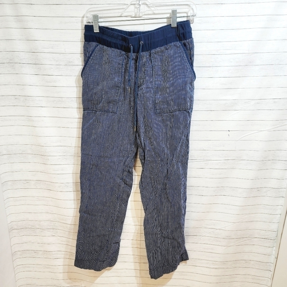 ATHLETA 100% LINEN NAVY STRIPED SLOUCH BOAT PANTS, SZ 6